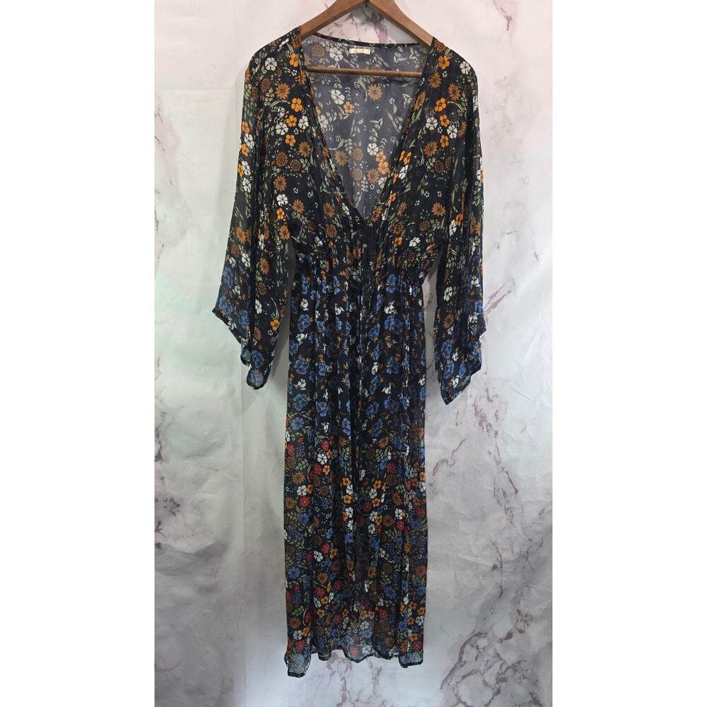 Floreat Dress Womens Small Black Floral Midi Kimono Cover Up Topper Long